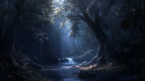 Underground Cavern with Luminescent Stream