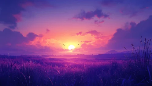 Radiant sunset bathes a violet meadow in calm, dreamy light