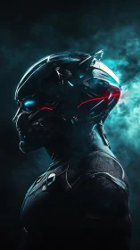 Neon warborn cyborg stands in stormlit techno mist.