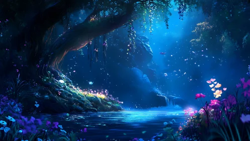 Bioluminescent forest river under moonlit canopy, fantasy nocturne