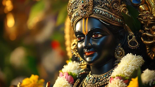 Hindu deity statue with ornate crown and floral garlands.