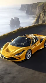 Golden supercar glides along misty ocean cliff highway