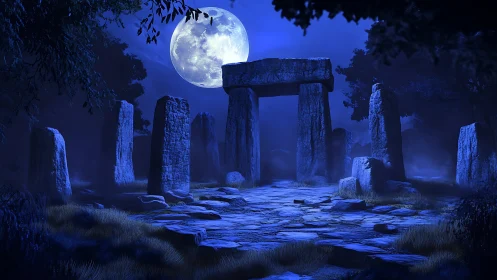 Moonlit stone circle beneath an intense midnight sky.