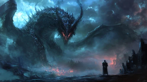 Stormlit abyss dragon confronting lone midnight wanderer.