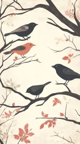 Four Feathered Companions Compose an Autumn Symphony Among Tangled Boughs