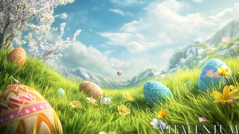 Painted springtime eggs lounge in a sunlit meadow dream