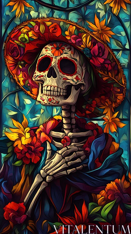 Sugar skull skeleton in floral hat amid vivid blossoms.