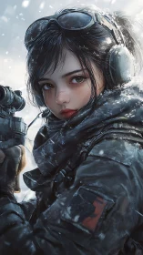 Snow-covered tactical girl with rifle in winter gear.