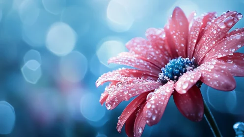 Pink Gerbera Daisy with Dew Drops and Blue Center on Bokeh Background