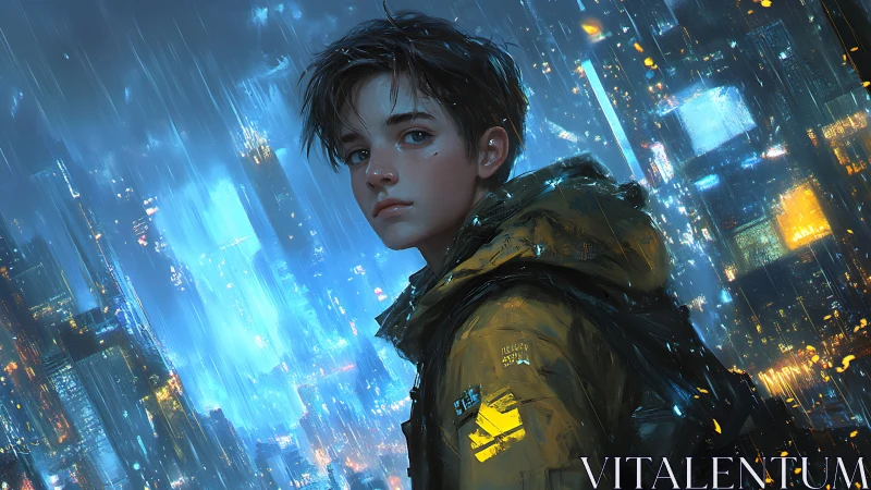 Young wanderer gazes over neon city in cold rain.
