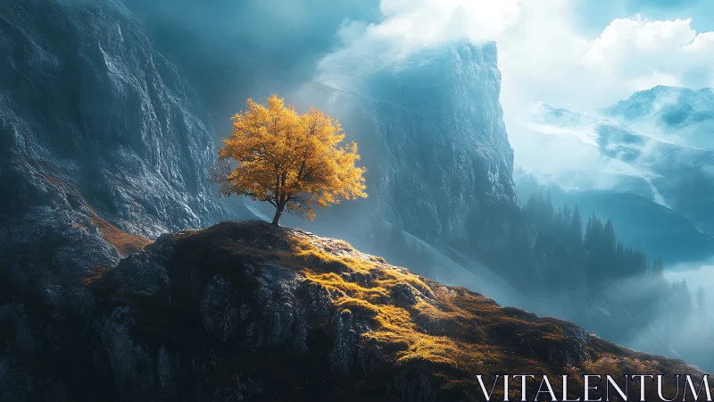 Lone golden tree crowns a mist-drenched mountain sanctuary.