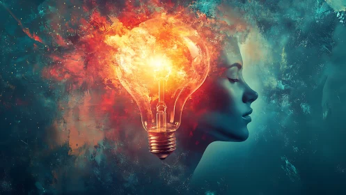 Surreal portrait merges glowing light bulb with human mind.
