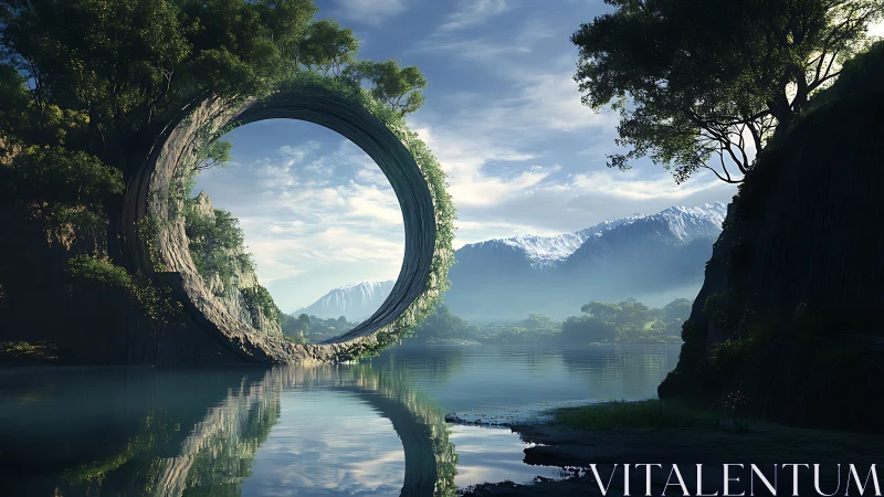 Circular stone structure in lakeside mountain landscape.