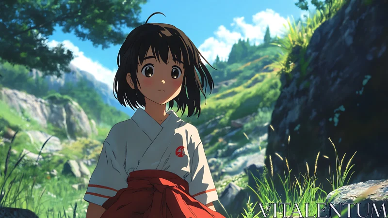 Young figure in traditional clothing stands in mountain valley