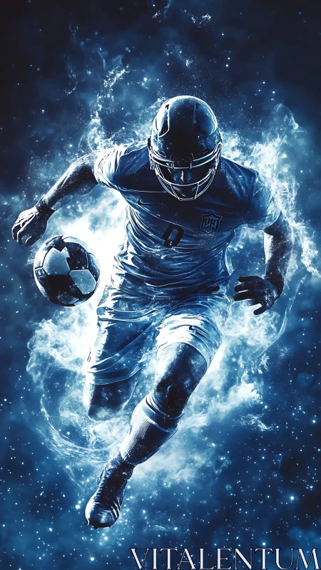 Energetic football striker in blue plasma particle explosion