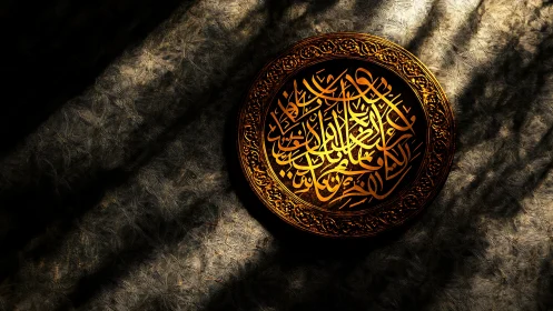 Golden calligraphy medallion glowing in patterned shadowed light.