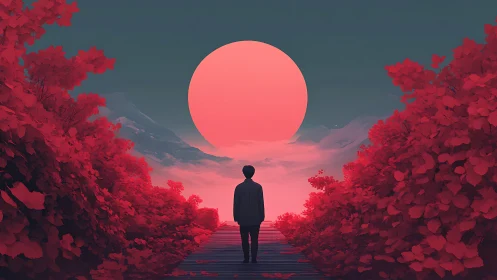 Dreamy red sunrise path welcoming a quiet wanderer.