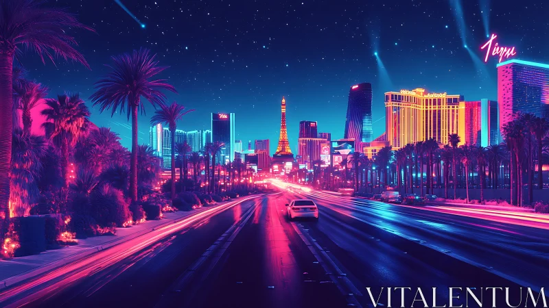 Neon city boulevard under starry sky with glowing towers.