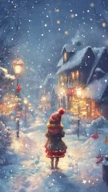 Snowy village street glows softly as a child wanders in wonder