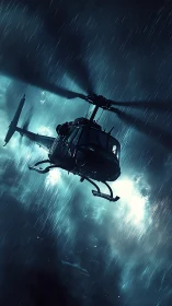 Storm-chasing helicopter cuts through neon-soaked midnight rain.
