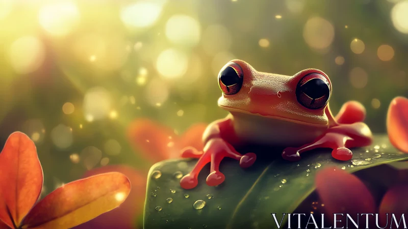 Macro-rendered red tree frog on dewy foliage at dusk.