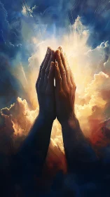 Praying hands rise toward radiant backlit clouds in painterly light