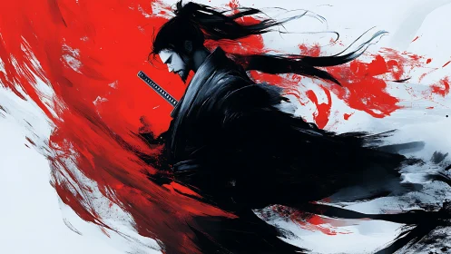 Dynamic samurai profile rendered with high-contrast brushstroke motion