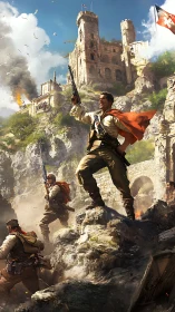 Revolutionary soldiers storm burning cliffside fortress stronghold.