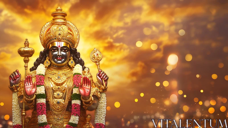 Golden Hindu deity statue before glowing sunset sky.