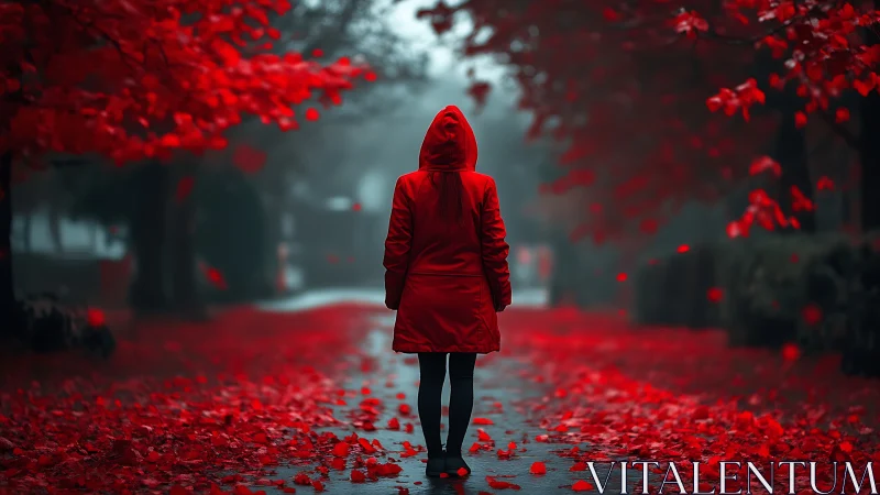 Solitary figure in red coat walking through scarlet fog.