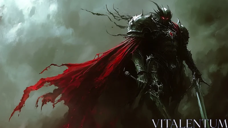 Dark armored warlord with crimson cloak in storm haze.