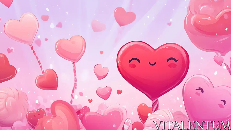 Romantic Pink Heart Characters Floating in Dreamy Cloud Scene.