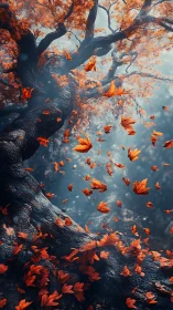 Dynamic low-angle study of gnarled tree trunk and falling leaves