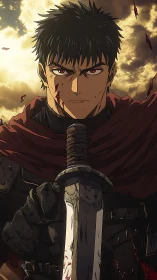 Armored swordsman with bloodstained blade under cloudy sky.