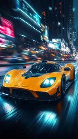 Yellow sports car on wet neon city street at night.