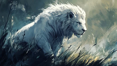 White lion strides through misty grassland in painterly light.