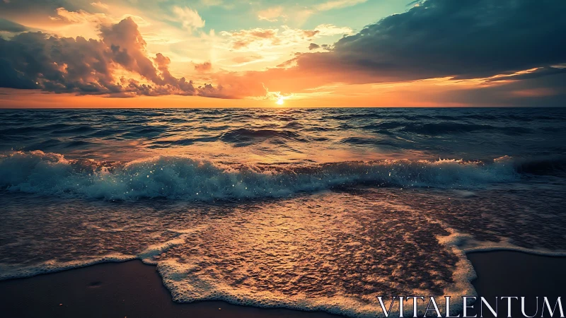 Sunset waves roll onto a tranquil, glow-lit ocean shore