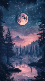 Lunar forest reflection under magenta twilight sky.