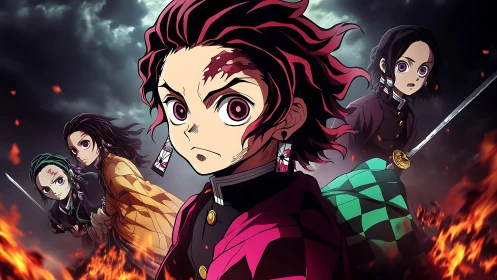 Anime swordsmen stand against stormy sky and encroaching fire