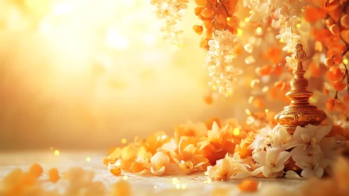 Golden ceremonial urn glows amid cascading orange blossoms