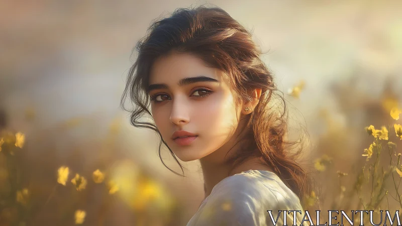 Soft dusk pauses on her gaze within a sunlit meadow hush