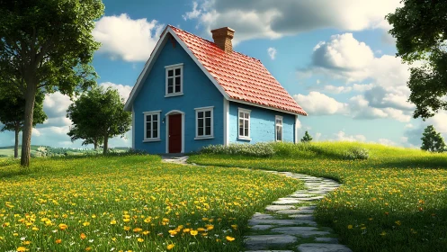 Idyllic blue cottage in sunlit meadow rendered photorealistically