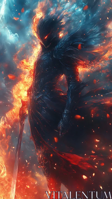 Fiery armored warrior surrounded by flames and embers.