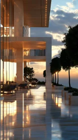 Modern seafront terrace captures warm sunset reflections