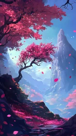 Dreamy pink forest path leading toward a misty mountain peak.