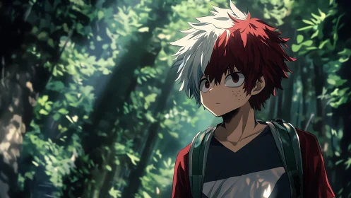 Curious red and white haired teen explores a sunlit forest path