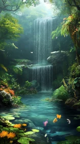 Lush jungle waterfall pool under misty emerald canopy.