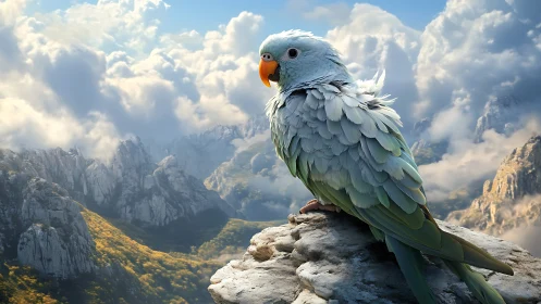 Majestic Parrot on Rocky Cliff in Dreamy Mountain Landscape.