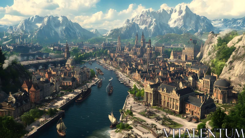 Riverside imperial cityscape beneath snowcapped mountain range.