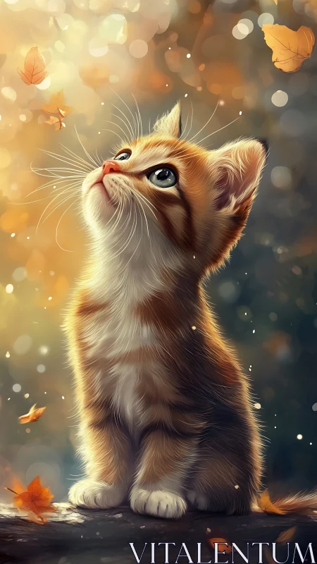 Luminous ginger kitten observing autumn foliage with bokeh ambient lighting.